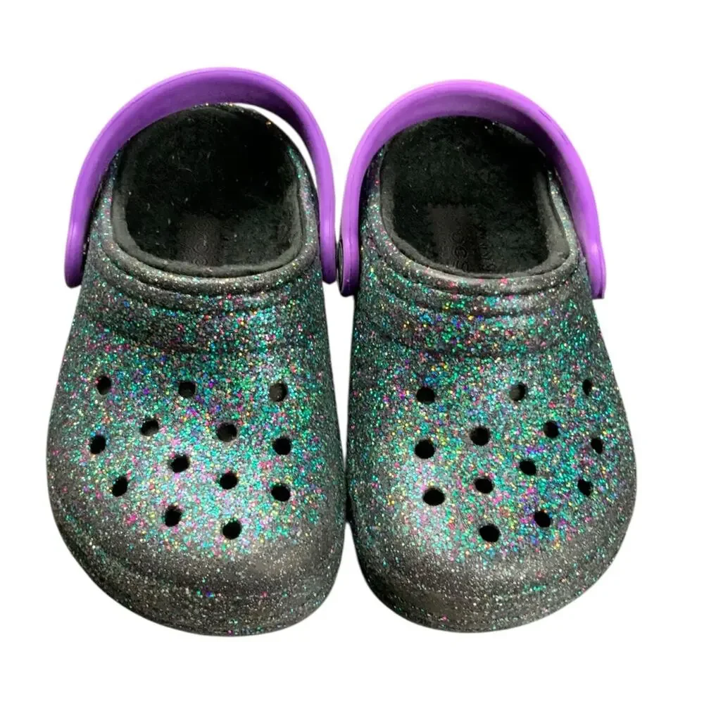 Crocs Kids Classic Glitter Clogs Purple Strap Black Sparkle C7 Toddler Shoes